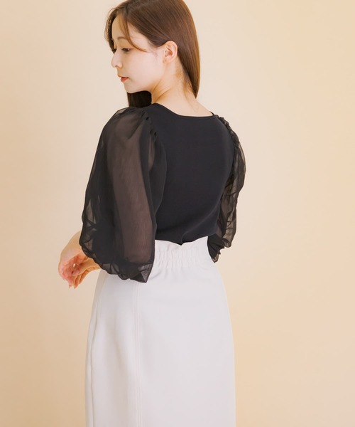 HEYUMM（ヘユム）の「シアーボリュームスリーブセーター(5分袖)（ニット/セーター・レディース・ブラック/アイボリー/ライトピンク/ベージュ・ONE）」の16枚目の写真