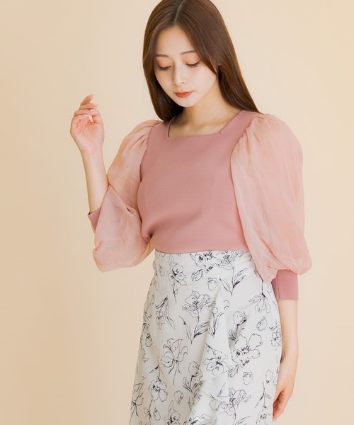 HEYUMM（ヘユム）の「シアーボリュームスリーブセーター(5分袖)（ニット/セーター・レディース・ブラック/アイボリー/ライトピンク/ベージュ・ONE）」の21枚目の写真