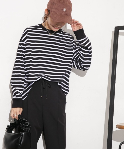 NANO universe（ナノユニバース）の「クリアコットンボーダーカットトップス（Tシャツ/カットソー・レディース・ブルー/ブラック/ホワイト/レッド/ベージュ・FREE）」の3枚目の写真