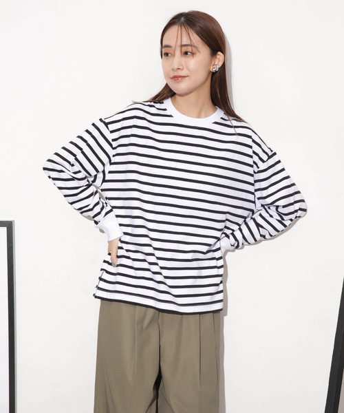 NANO universe（ナノユニバース）の「クリアコットンボーダーカットトップス（Tシャツ/カットソー・レディース・ブルー/ブラック/ホワイト/レッド/ベージュ・FREE）」の6枚目の写真