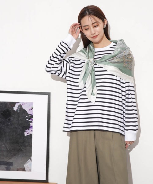 NANO universe（ナノユニバース）の「クリアコットンボーダーカットトップス（Tシャツ/カットソー・レディース・ブルー/ブラック/ホワイト/レッド/ベージュ・FREE）」の7枚目の写真