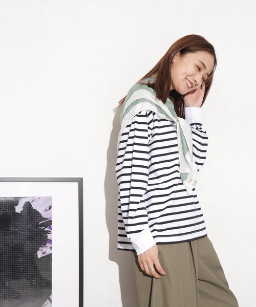 NANO universe（ナノユニバース）の「クリアコットンボーダーカットトップス（Tシャツ/カットソー・レディース・ブルー/ブラック/ホワイト/レッド/ベージュ・FREE）」の8枚目の写真