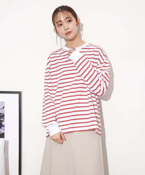 NANO universe（ナノユニバース）の「クリアコットンボーダーカットトップス（Tシャツ/カットソー・レディース・ブルー/ブラック/ホワイト/レッド/ベージュ・FREE）」の19枚目の写真