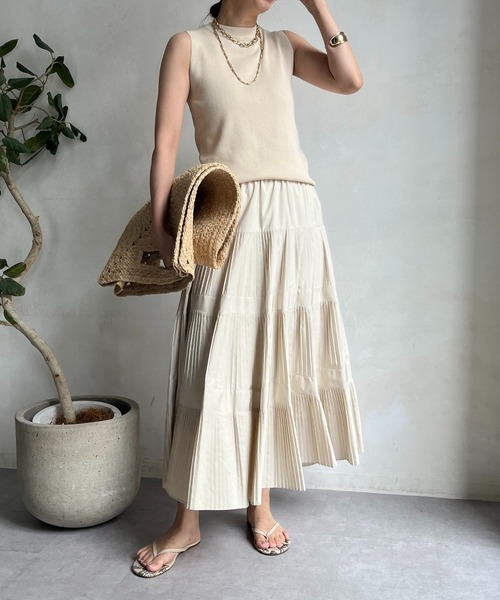 DouDou 3段プリーツスカート (エクリュ) DouDou スカート 「新色追加」「WEB限定」 三段プリーツスカート