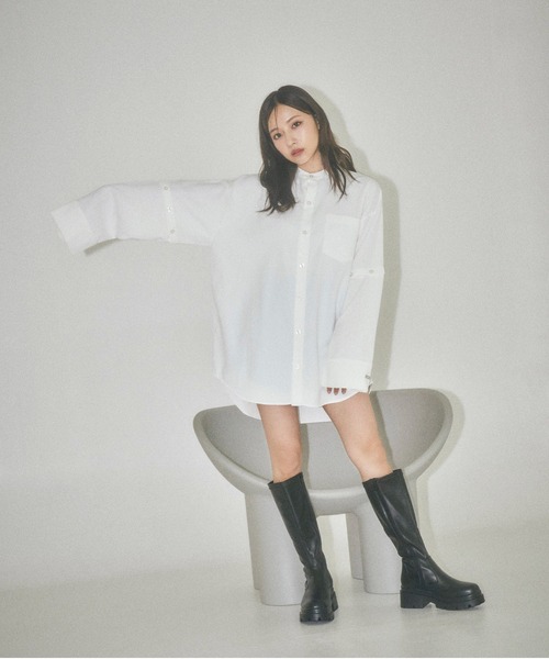 ANDGEEBEE（アンジービー）の「UNISEX スタンドネックボタンシャツ（シャツ/ブラウス・レディース・ホワイト/チャコールグレー・X-LARGE）」の5枚目の写真