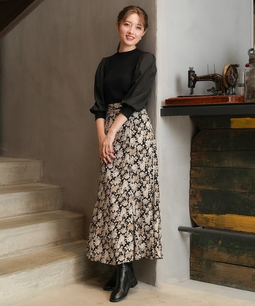 ASTORIA ODIER（アストリアオディール）の「パイピング花柄ロングスカート（スカート・レディース・ピンクベージュ/ブラック・MEDIUM/SMALL）」の16枚目の写真