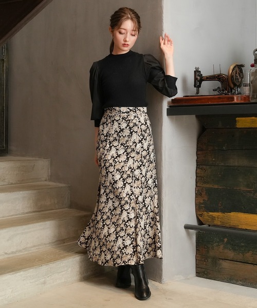 ASTORIA ODIER（アストリアオディール）の「パイピング花柄ロングスカート（スカート・レディース・ピンクベージュ/ブラック・MEDIUM/SMALL）」の14枚目の写真