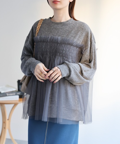 セール】＜着映えニット＞チュールドッキングニットプルオーバー