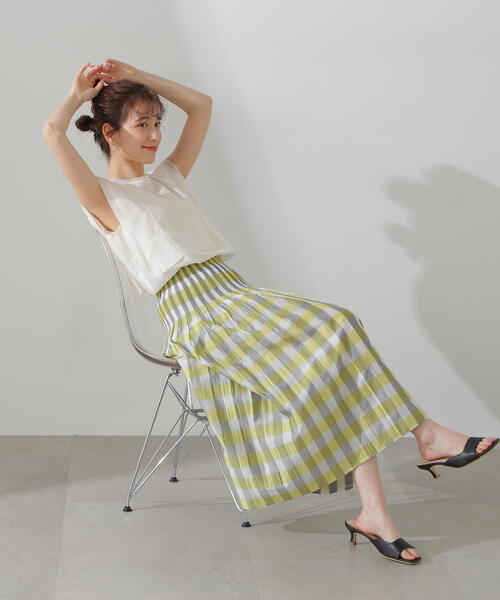 N.（N. Natural Beauty Basic）（エヌエヌナチュラルビューティーベーシック）の「◆ウエストプリーツチェックスカート（スカート・レディース・グリーン系その他/イエロー系その他・MEDIUM）」の4枚目の写真
