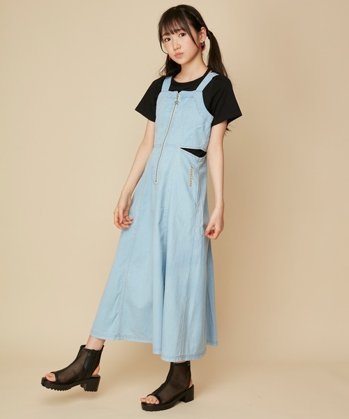 ジャンスカ 小さいサイズ】サイドプリーツデニム風ジャンパースカート