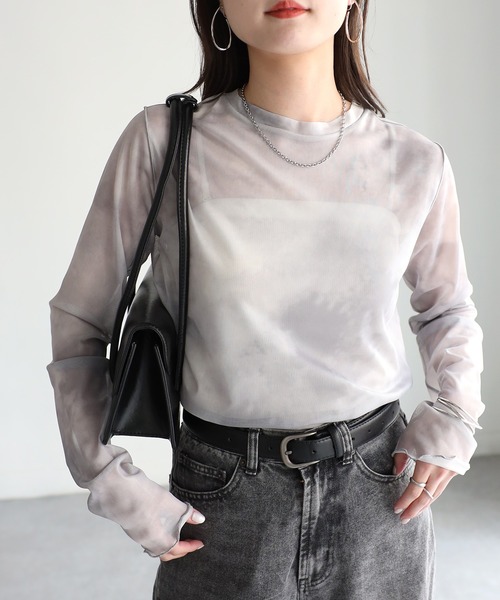 Riberry(リベリー)の「ニュアンスタイダイ柄長袖シアートップス(Tシャツ/カットソー・レディース・グレイッシュベージュ/ブラック/ベージュ・FREE)」の6枚目の写真