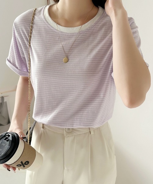 COCOMOMO(ココモモ)の「ボーダー半袖Tシャツ(Tシャツ/カットソー・レディース・ブラック/ブルー/ライトイエロー/グリーン/ホワイト/ピンク/イエロー/ライトパープル・M/L)」の5枚目の写真