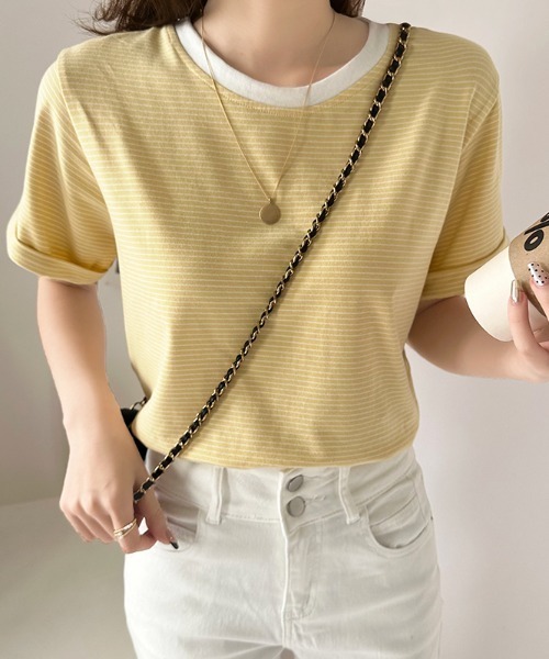 COCOMOMO(ココモモ)の「ボーダー半袖Tシャツ(Tシャツ/カットソー・レディース・ブラック/ブルー/ライトイエロー/グリーン/ホワイト/ピンク/イエロー/ライトパープル・M/L)」の7枚目の写真