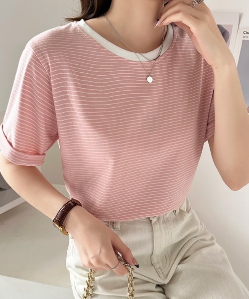 COCOMOMO(ココモモ)の「ボーダー半袖Tシャツ(Tシャツ/カットソー・レディース・ブラック/ブルー/ライトイエロー/グリーン/ホワイト/ピンク/イエロー/ライトパープル・M/L)」の8枚目の写真