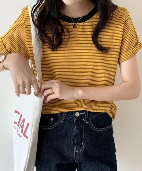 COCOMOMO(ココモモ)の「ボーダー半袖Tシャツ(Tシャツ/カットソー・レディース・ブラック/ブルー/ライトイエロー/グリーン/ホワイト/ピンク/イエロー/ライトパープル・M/L)」の6枚目の写真