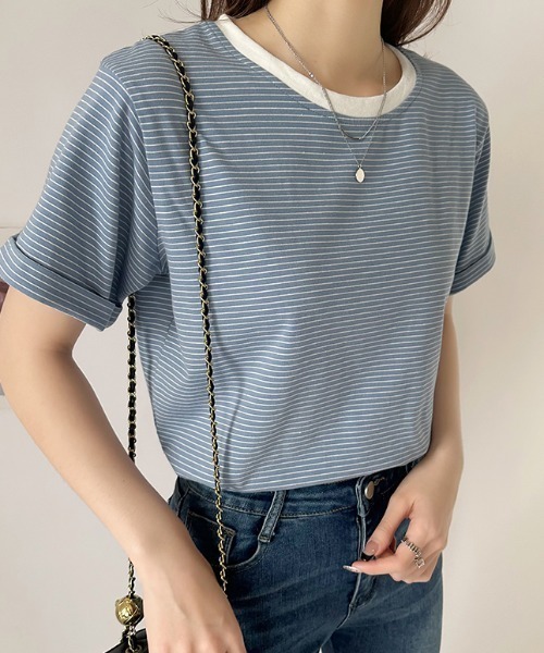 COCOMOMO(ココモモ)の「ボーダー半袖Tシャツ(Tシャツ/カットソー・レディース・ブラック/ブルー/ライトイエロー/グリーン/ホワイト/ピンク/イエロー/ライトパープル・M/L)」の4枚目の写真