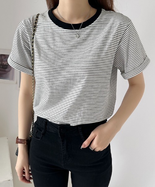 COCOMOMO(ココモモ)の「ボーダー半袖Tシャツ(Tシャツ/カットソー・レディース・ブラック/ブルー/ライトイエロー/グリーン/ホワイト/ピンク/イエロー/ライトパープル・M/L)」の13枚目の写真