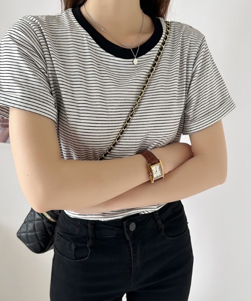 COCOMOMO(ココモモ)の「ボーダー半袖Tシャツ(Tシャツ/カットソー・レディース・ブラック/ブルー/ライトイエロー/グリーン/ホワイト/ピンク/イエロー/ライトパープル・M/L)」の14枚目の写真