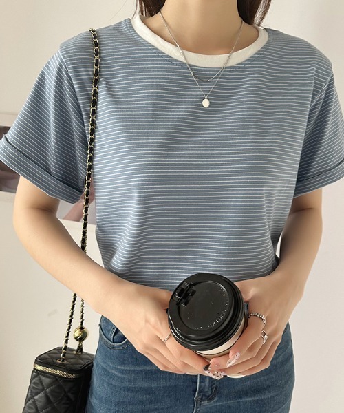 COCOMOMO(ココモモ)の「ボーダー半袖Tシャツ(Tシャツ/カットソー・レディース・ブラック/ブルー/ライトイエロー/グリーン/ホワイト/ピンク/イエロー/ライトパープル・M/L)」の20枚目の写真