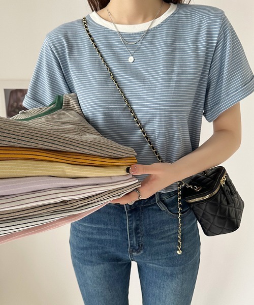 COCOMOMO(ココモモ)の「ボーダー半袖Tシャツ(Tシャツ/カットソー・レディース・ブラック/ブルー/ライトイエロー/グリーン/ホワイト/ピンク/イエロー/ライトパープル・M/L)」の21枚目の写真