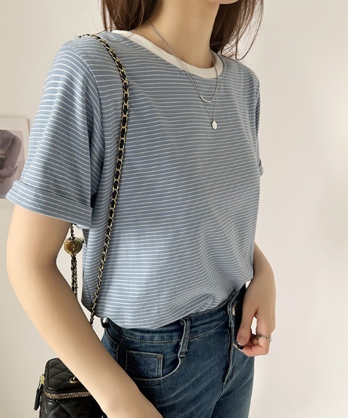 COCOMOMO(ココモモ)の「ボーダー半袖Tシャツ(Tシャツ/カットソー・レディース・ブラック/ブルー/ライトイエロー/グリーン/ホワイト/ピンク/イエロー/ライトパープル・M/L)」の22枚目の写真