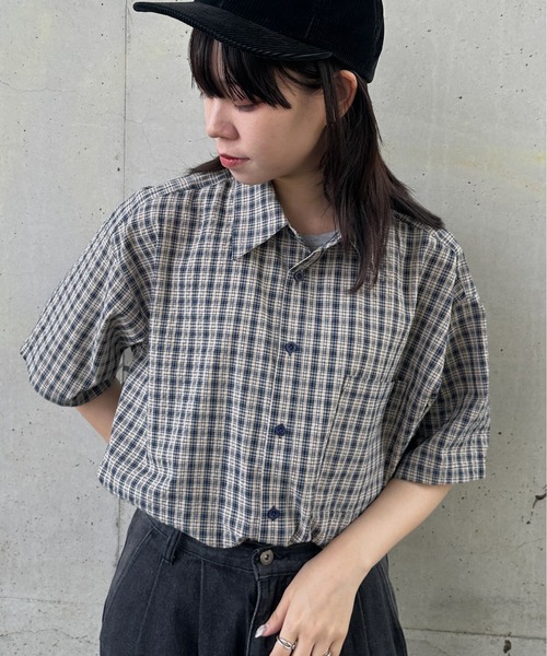 シアサッカーチェックシャツ