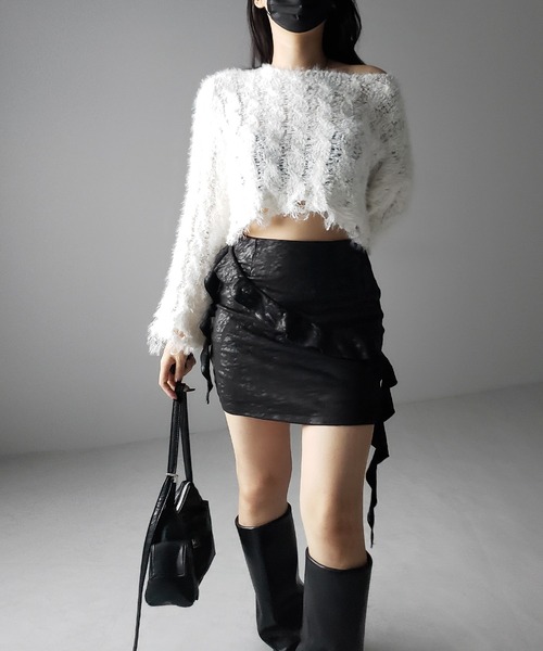 me+em select（ミームセレクト）の「※※【 ２color 】ヴィンテージスエードアシンメトリーフリルミニスカート／ vintage suede asymmetry frill mini skirt（スカート・レディース・ブラック/ブラウン・MEDIUM/SMALL/LARGE）」の9枚目の写真