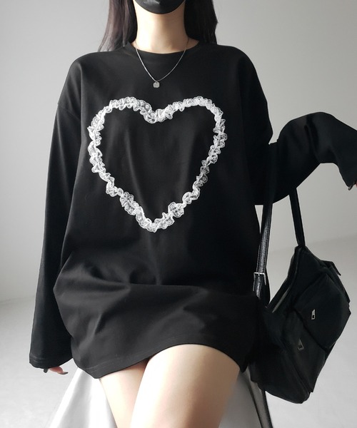 me+em select（ミームセレクト）の「※※【 ３color 】ハートレースビッグロンＴ ／ heart lace BIG long sleeve T-shirt（Tシャツ/カットソー・レディース・グレー/ブラック/ホワイト・FREE）」の3枚目の写真