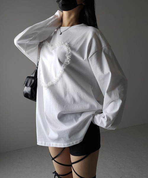 me+em select（ミームセレクト）の「※※【 ３color 】ハートレースビッグロンＴ ／ heart lace BIG long sleeve T-shirt（Tシャツ/カットソー・レディース・グレー/ブラック/ホワイト・FREE）」の19枚目の写真