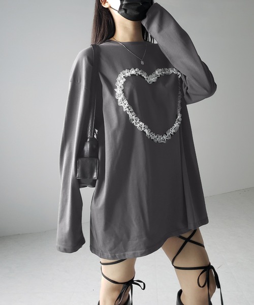 me+em select（ミームセレクト）の「※※【 ３color 】ハートレースビッグロンＴ ／ heart lace BIG long sleeve T-shirt（Tシャツ/カットソー・レディース・グレー/ブラック/ホワイト・FREE）」の8枚目の写真