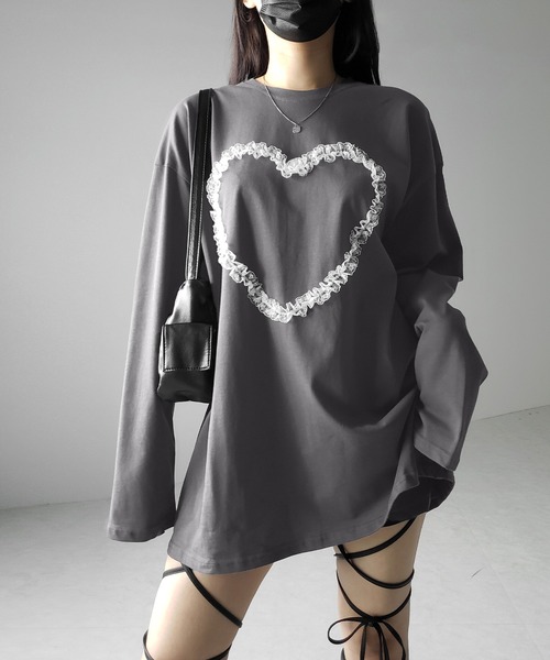 me+em select（ミームセレクト）の「※※【 ３color 】ハートレースビッグロンＴ ／ heart lace BIG long sleeve T-shirt（Tシャツ/カットソー・レディース・グレー/ブラック/ホワイト・FREE）」の9枚目の写真
