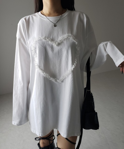 me+em select（ミームセレクト）の「※※【 ３color 】ハートレースビッグロンＴ ／ heart lace BIG long sleeve T-shirt（Tシャツ/カットソー・レディース・グレー/ブラック/ホワイト・FREE）」の12枚目の写真