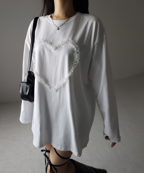 me+em select（ミームセレクト）の「※※【 ３color 】ハートレースビッグロンＴ ／ heart lace BIG long sleeve T-shirt（Tシャツ/カットソー・レディース・グレー/ブラック/ホワイト・FREE）」の13枚目の写真