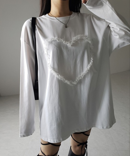 me+em select（ミームセレクト）の「※※【 ３color 】ハートレースビッグロンＴ ／ heart lace BIG long sleeve T-shirt（Tシャツ/カットソー・レディース・グレー/ブラック/ホワイト・FREE）」の14枚目の写真