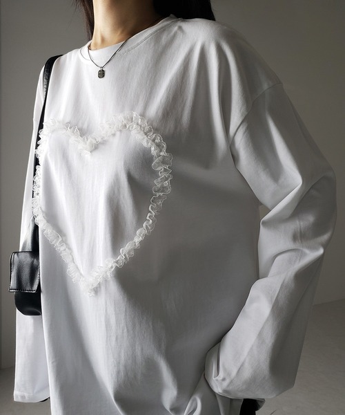 me+em select（ミームセレクト）の「※※【 ３color 】ハートレースビッグロンＴ ／ heart lace BIG long sleeve T-shirt（Tシャツ/カットソー・レディース・グレー/ブラック/ホワイト・FREE）」の15枚目の写真