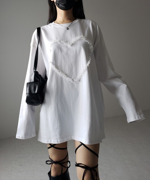 me+em select（ミームセレクト）の「※※【 ３color 】ハートレースビッグロンＴ ／ heart lace BIG long sleeve T-shirt（Tシャツ/カットソー・レディース・グレー/ブラック/ホワイト・FREE）」の16枚目の写真