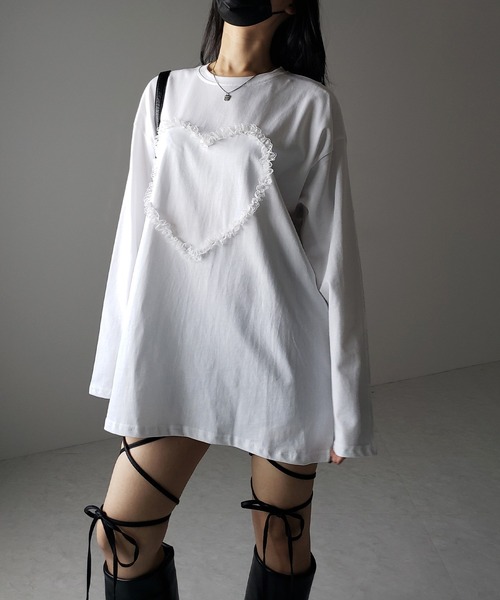 me+em select（ミームセレクト）の「※※【 ３color 】ハートレースビッグロンＴ ／ heart lace BIG long sleeve T-shirt（Tシャツ/カットソー・レディース・グレー/ブラック/ホワイト・FREE）」の17枚目の写真