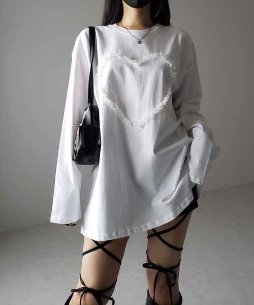 me+em select（ミームセレクト）の「※※【 ３color 】ハートレースビッグロンＴ ／ heart lace BIG long sleeve T-shirt（Tシャツ/カットソー・レディース・グレー/ブラック/ホワイト・FREE）」の18枚目の写真