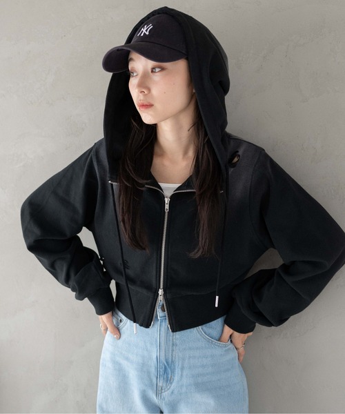 WEGO（ウィゴー）の「WEGO/ヴィンテージウォッシュWジップショートパーカー（パーカー・レディース・ブラック/ブラック系その他/杢グレー・FREE）」の7枚目の写真