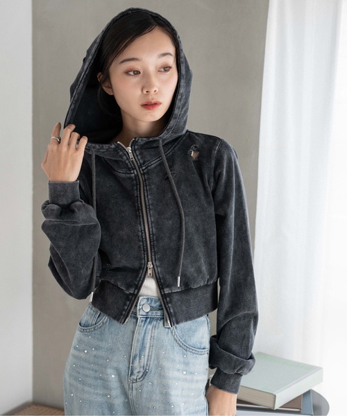 WEGO（ウィゴー）の「WEGO/ヴィンテージウォッシュWジップショートパーカー（パーカー・レディース・ブラック/ブラック系その他/杢グレー・FREE）」の11枚目の写真