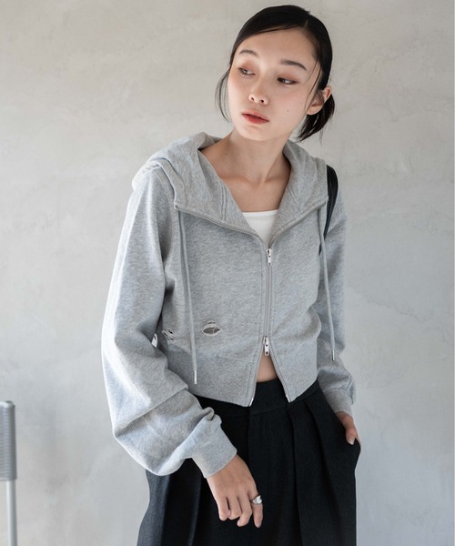 WEGO（ウィゴー）の「WEGO/ヴィンテージウォッシュWジップショートパーカー（パーカー・レディース・ブラック/ブラック系その他/杢グレー・FREE）」の17枚目の写真