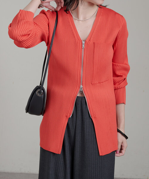 リブZIPニットカーディガン（カーディガン/ボレロ）｜Omekashi