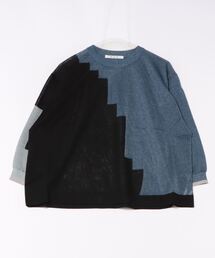 ラメヤーン＆レーヨンポリエステル　ステップモチーフインターシャニットプルオーバー