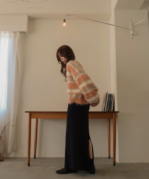 mideal（マイディール）の「shaggy border knit cardigan / シャギーボーダーニットカーディガン（カーディガン/ボレロ・レディース・ピンク・FREE）」の7枚目の写真