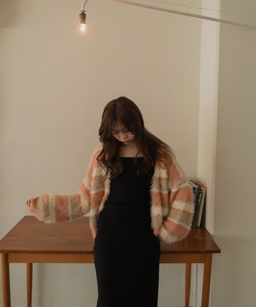 mideal（マイディール）の「shaggy border knit cardigan / シャギーボーダーニットカーディガン（カーディガン/ボレロ・レディース・ピンク・FREE）」の3枚目の写真