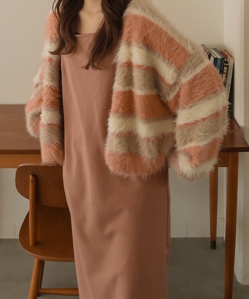 mideal（マイディール）の「shaggy border knit cardigan / シャギーボーダーニットカーディガン（カーディガン/ボレロ・レディース・ピンク・FREE）」の8枚目の写真