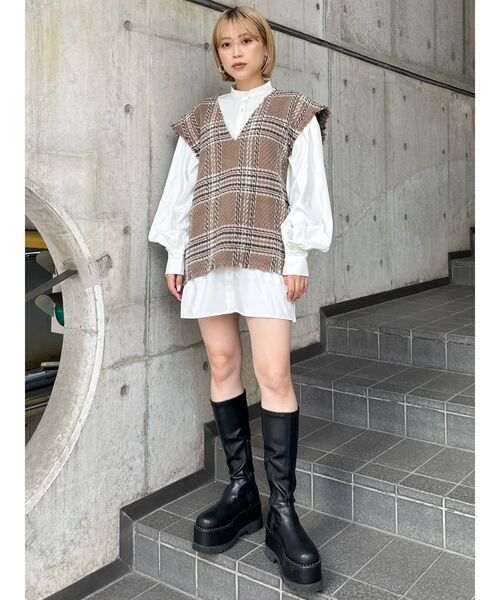 MURUA(ムルーア)の「オリジナルツイードシャツワンピース【2way】(ワンピース・レディース・ブラック/グリーン/モカ・FREE)」の19枚目の写真