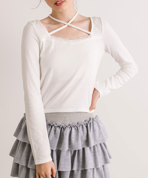OLIVE des OLIVE(オリーブデオリーブ)の「配色レースホルターインナー(Tシャツ/カットソー・レディース・ピンク/ベージュ/オフホワイト/チャコールグレー・FREE)」の1枚目の写真