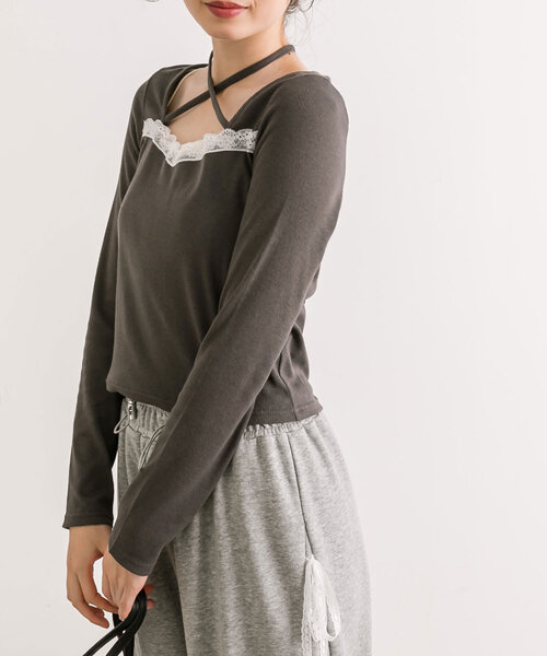 OLIVE des OLIVE(オリーブデオリーブ)の「配色レースホルターインナー(Tシャツ/カットソー・レディース・ピンク/ベージュ/オフホワイト/チャコールグレー・FREE)」の14枚目の写真