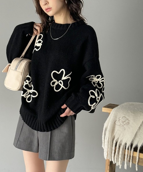mily bilet(ミウィビレット)の「【mily bilet】冬のあったかニット。ウールライクフラワーコード刺繍ニットプルオーバーニット(ニット/セーター・レディース・ブラック/アイボリー/グレー・LARGE/MEDIUM/SMALL/X-LARGE)」の13枚目の写真